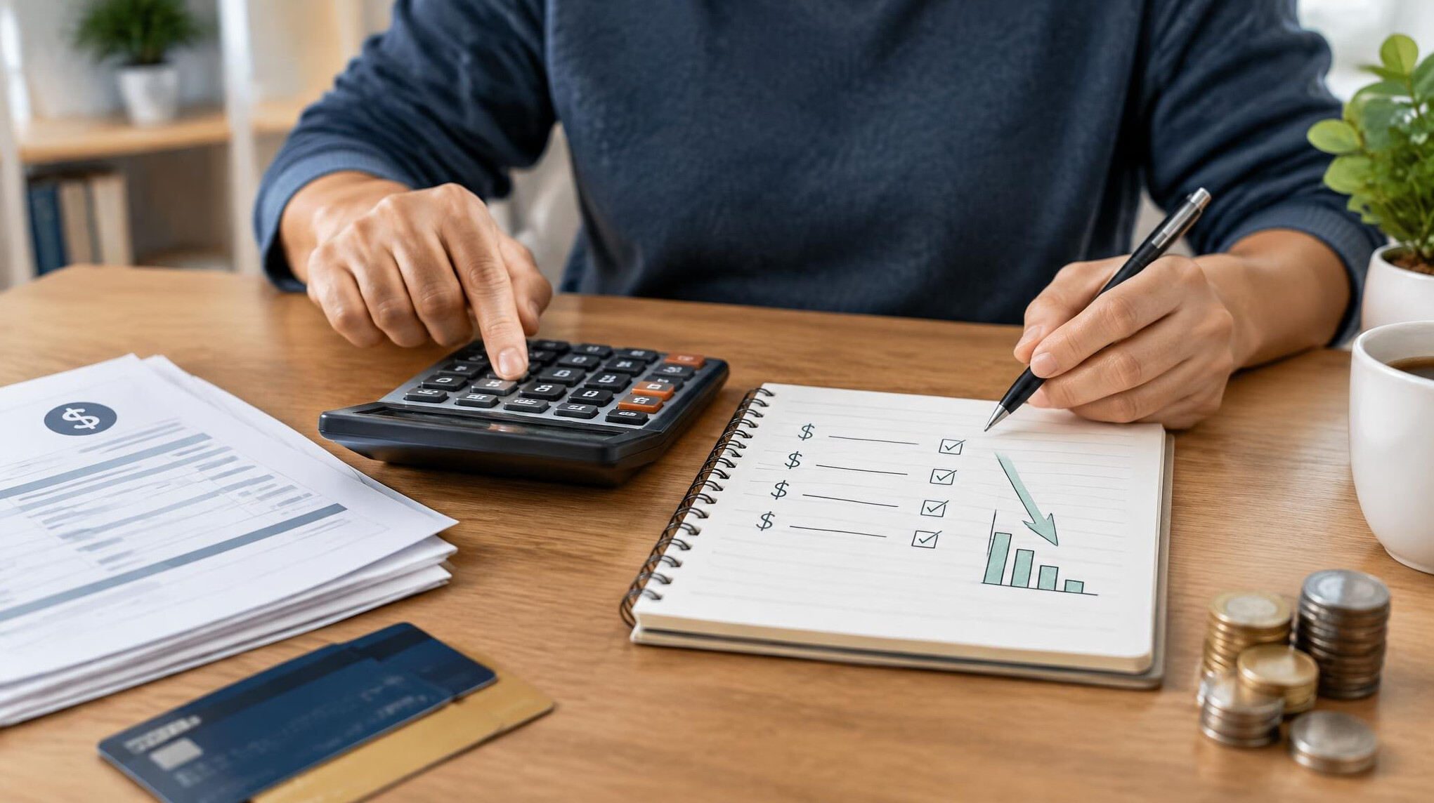 person calculating debts on calculator
