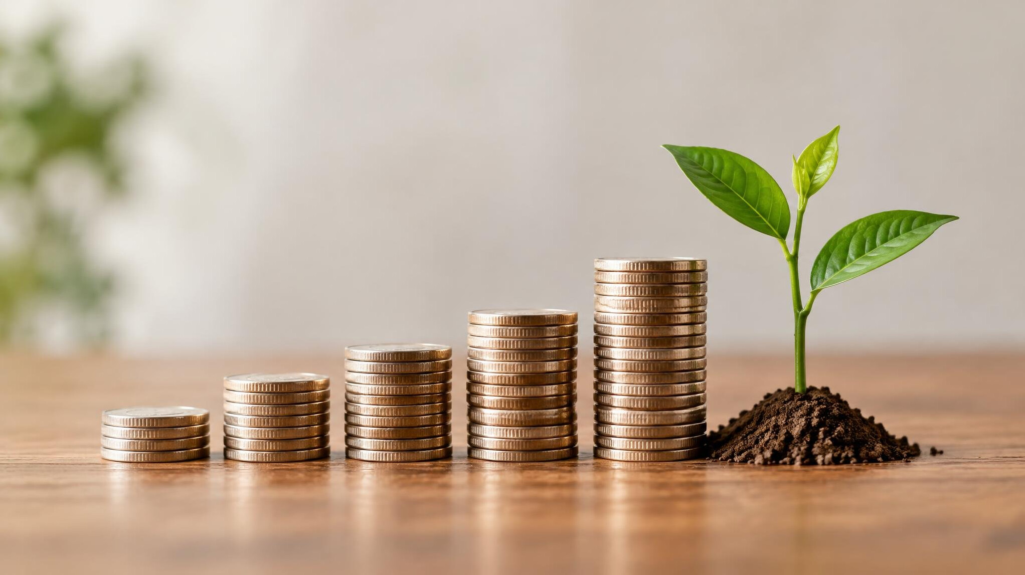 Stack of coins and a small plant representing savings and planning
